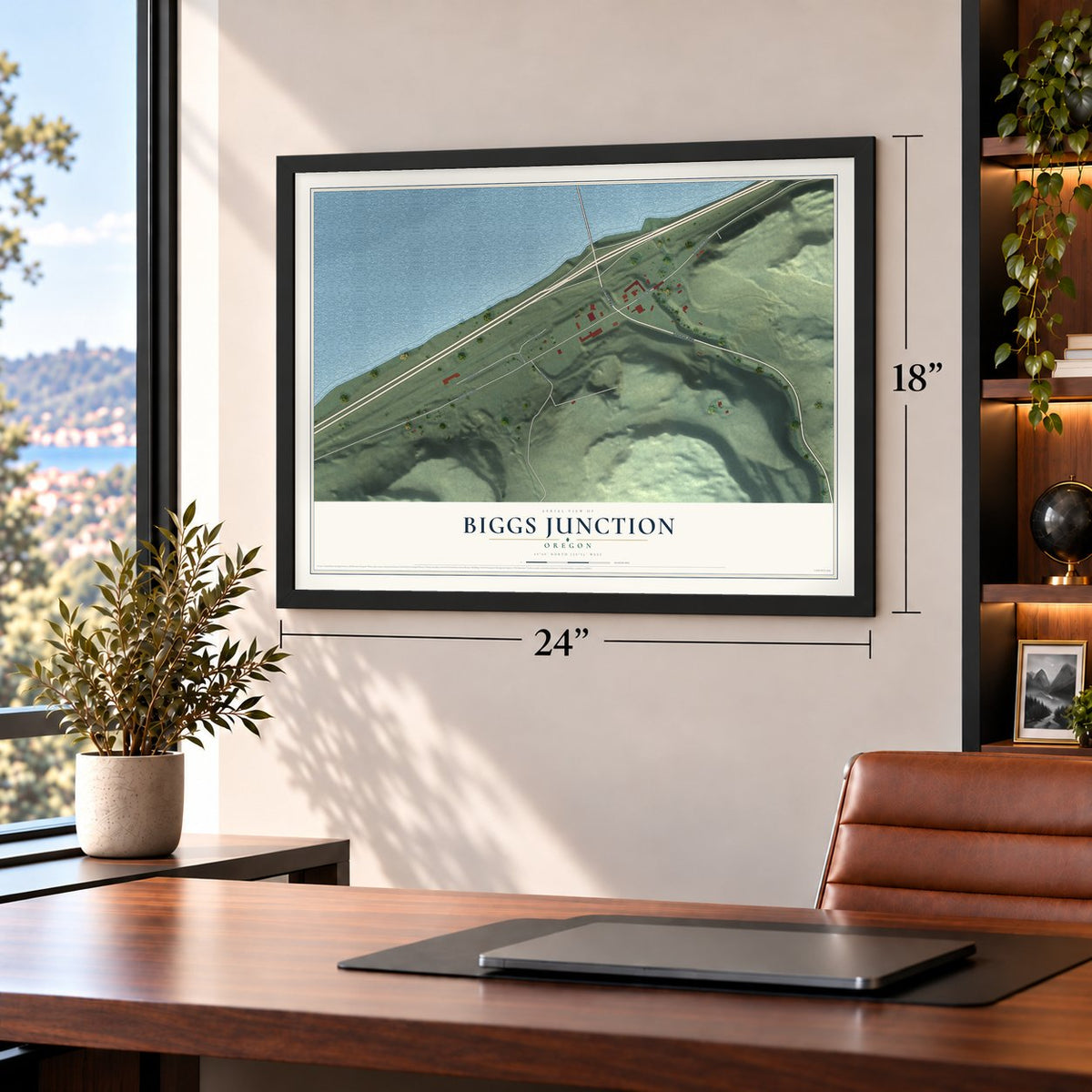 Biggs Junction, Oregon map, 18 x 24 inch print in a black frame in a home office