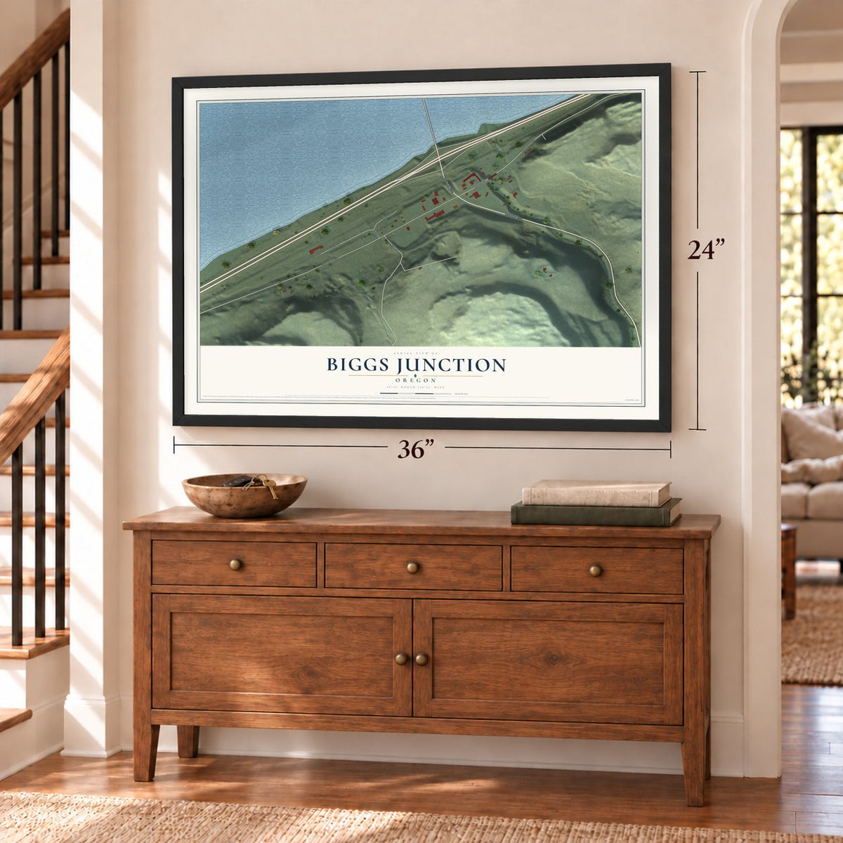 Biggs Junction, Oregon map, 24 x 36 inch print in a black frame above a dresser by a staircase