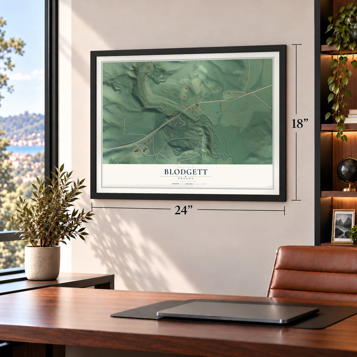 Blodgett, Oregon map, 18 x 24 inch print in a black frame in a home office
