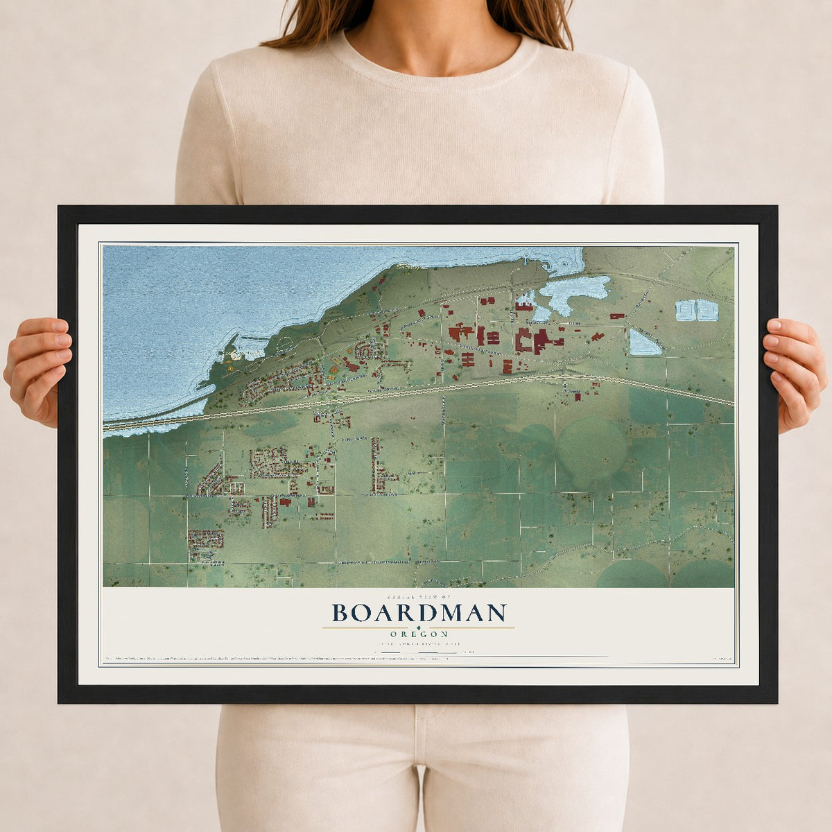 Map of Boardman, Oregon, 12 x 18 inch print in a black wood frame