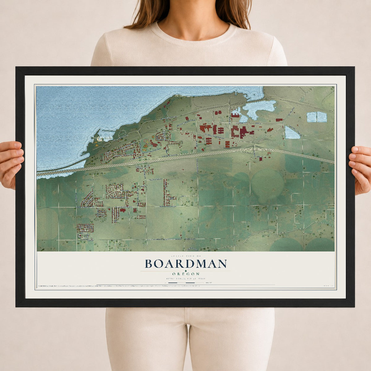 Map of Boardman, Oregon, 18 x 24 inch print in a black wood frame