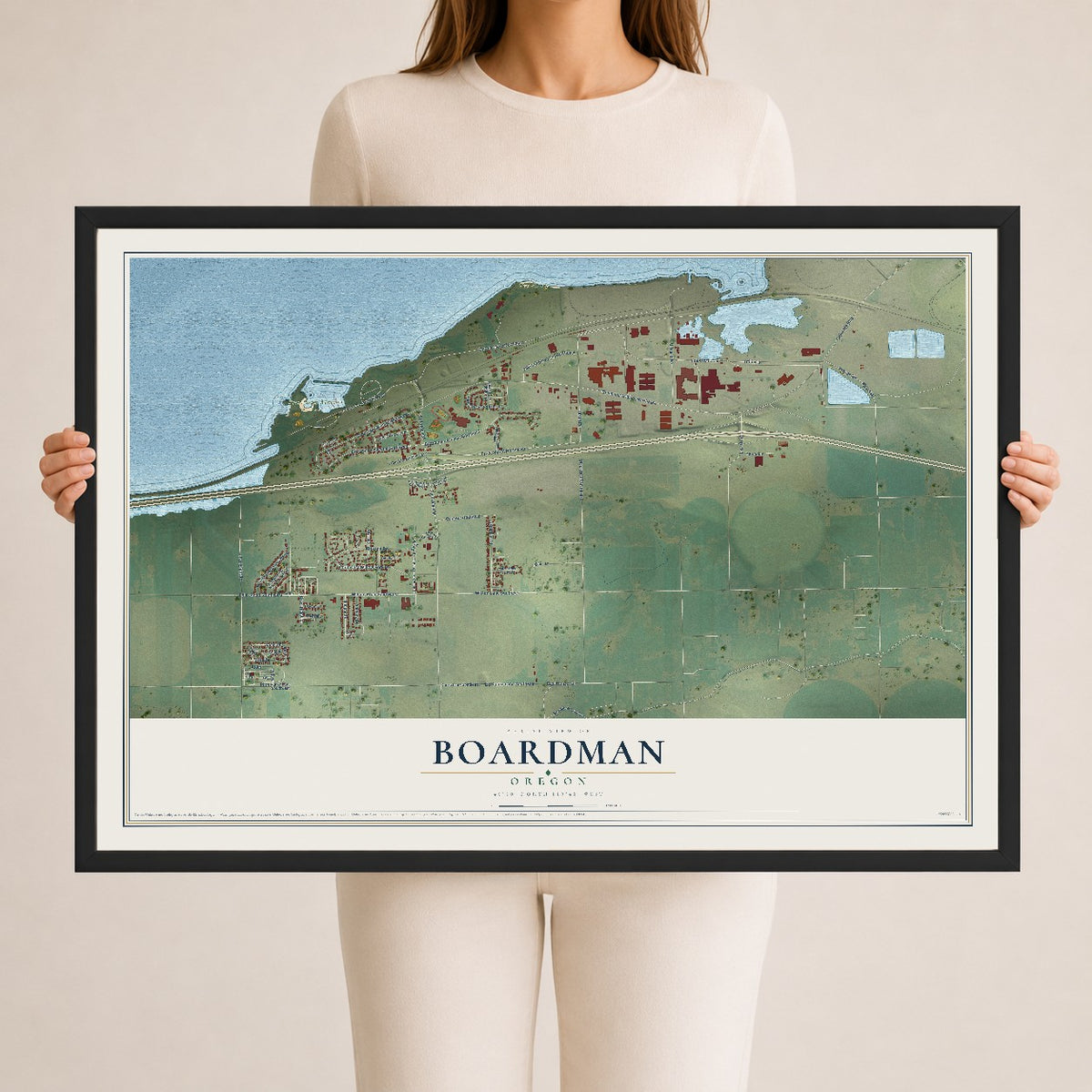 Map of Boardman, Oregon, 24 x 36 inch print in a black wood frame