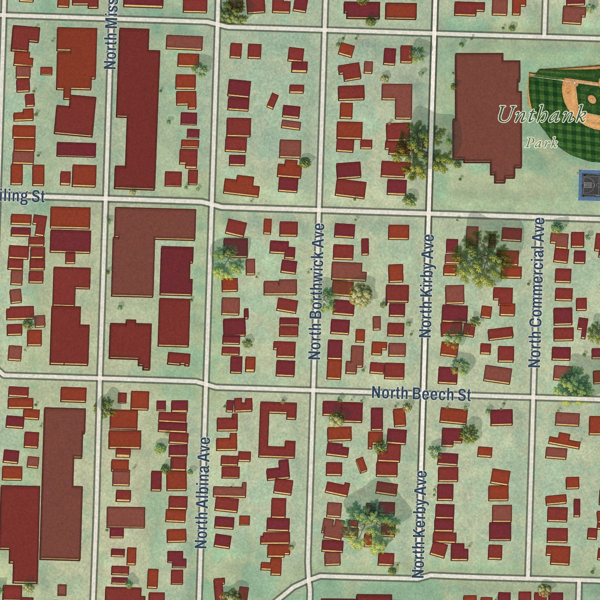 Close-up of the map of Boise, Oregon print showing street and building detail