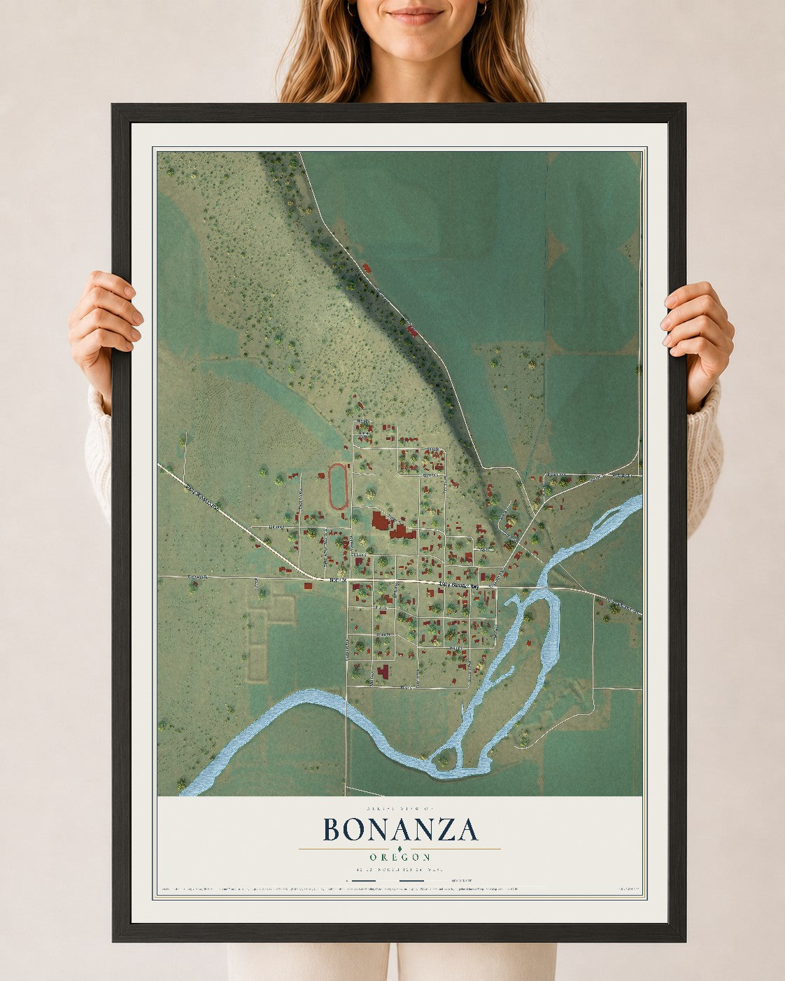 Map of Bonanza, Oregon, 24 x 36 inch print in a black wood frame