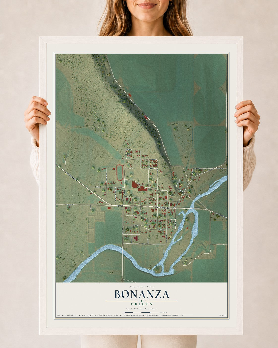 Map of Bonanza, Oregon, 24 x 36 inch print in a white wood frame