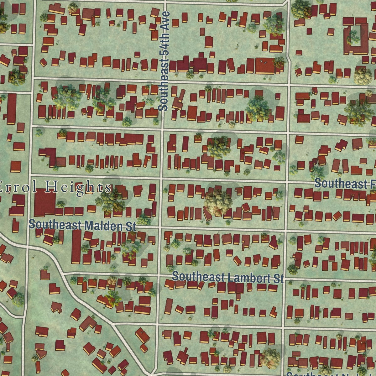 Close-up of the map of Brentwood-Darlington, Oregon print showing street and building detail