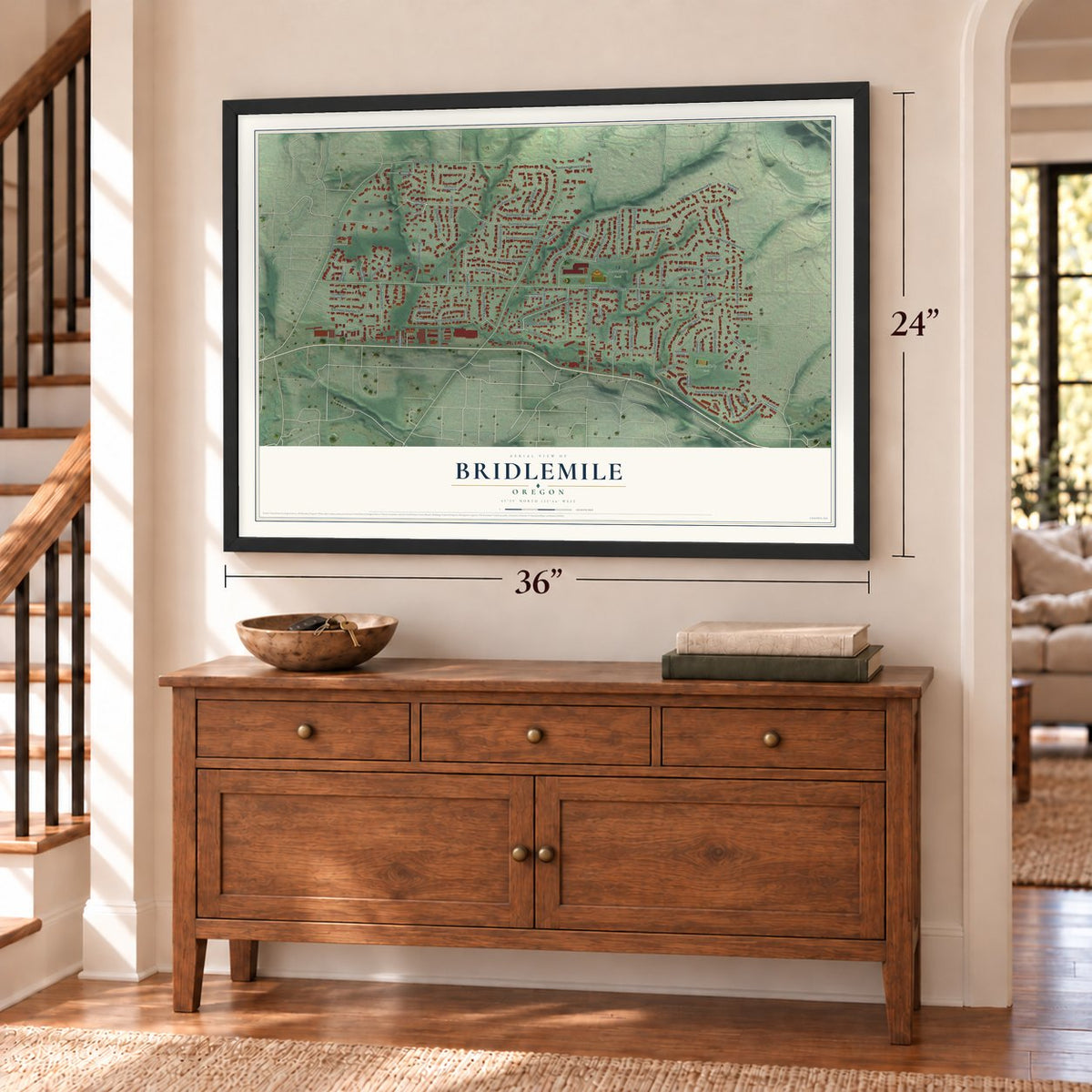Bridlemile, Oregon map, 24 x 36 inch print in a black frame above a dresser by a staircase