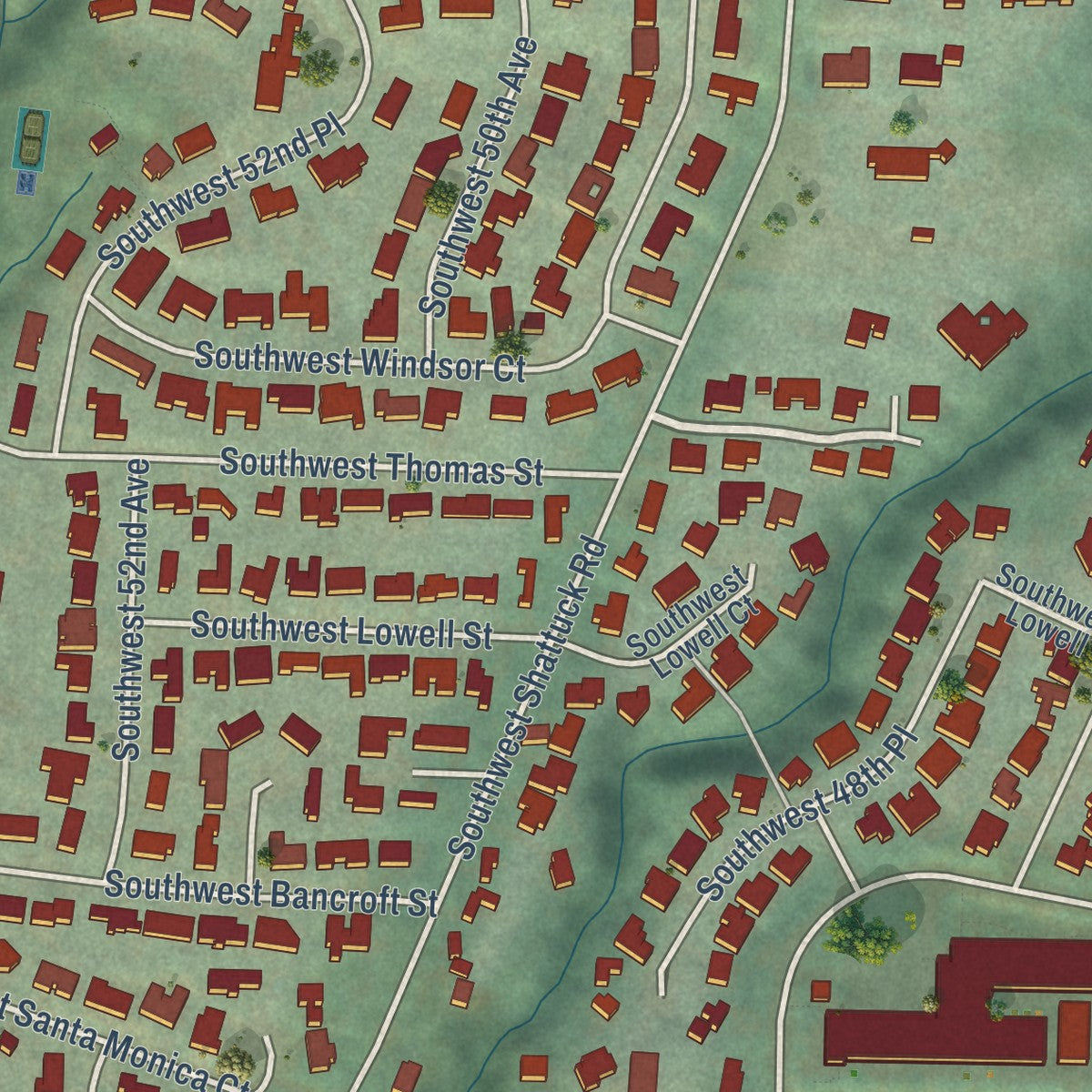 Close-up of the map of Bridlemile, Oregon print showing street and building detail