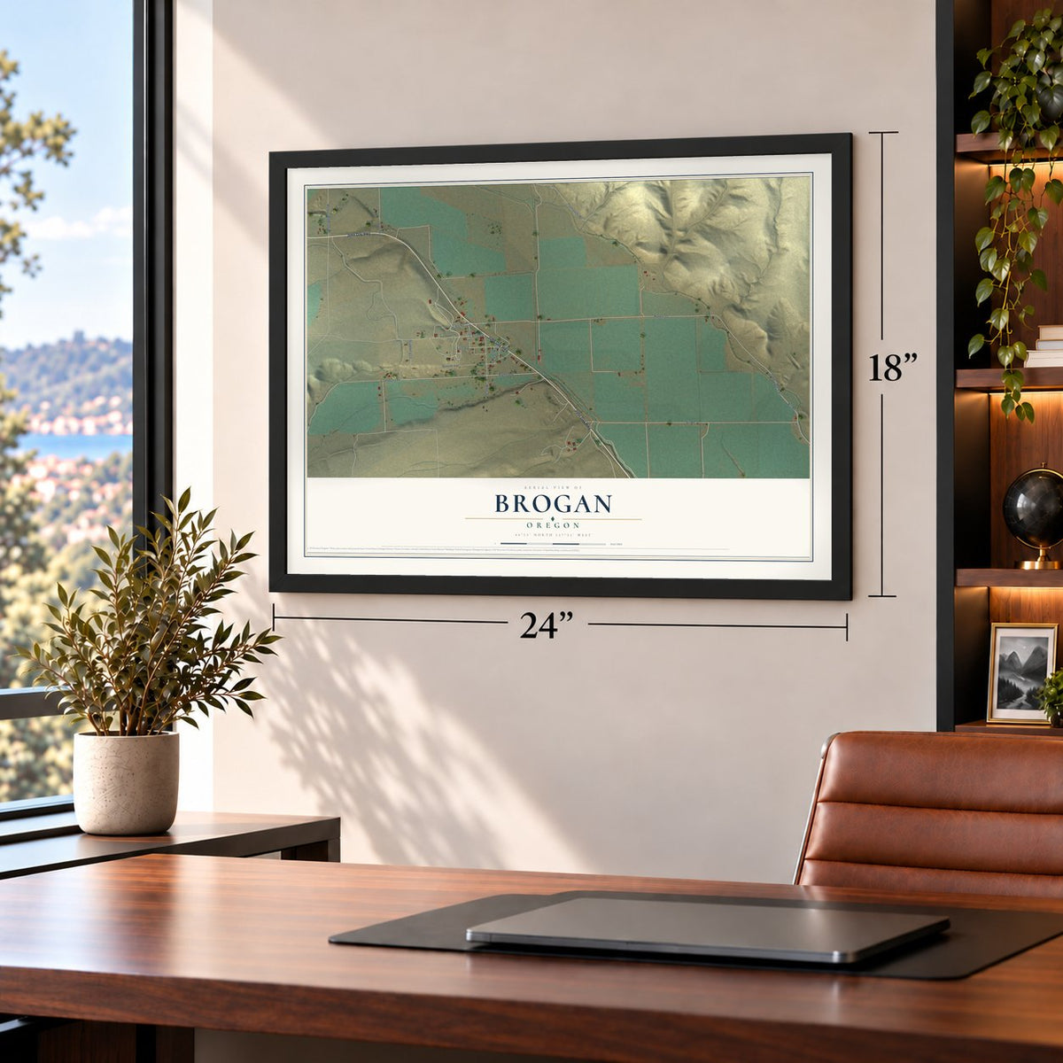 Brogan, Oregon map, 18 x 24 inch print in a black frame in a home office