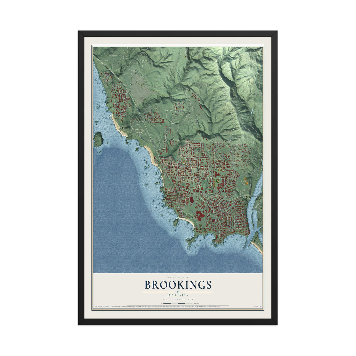 Map of Brookings, Oregon, 12 x 18 inch print in a black wood frame