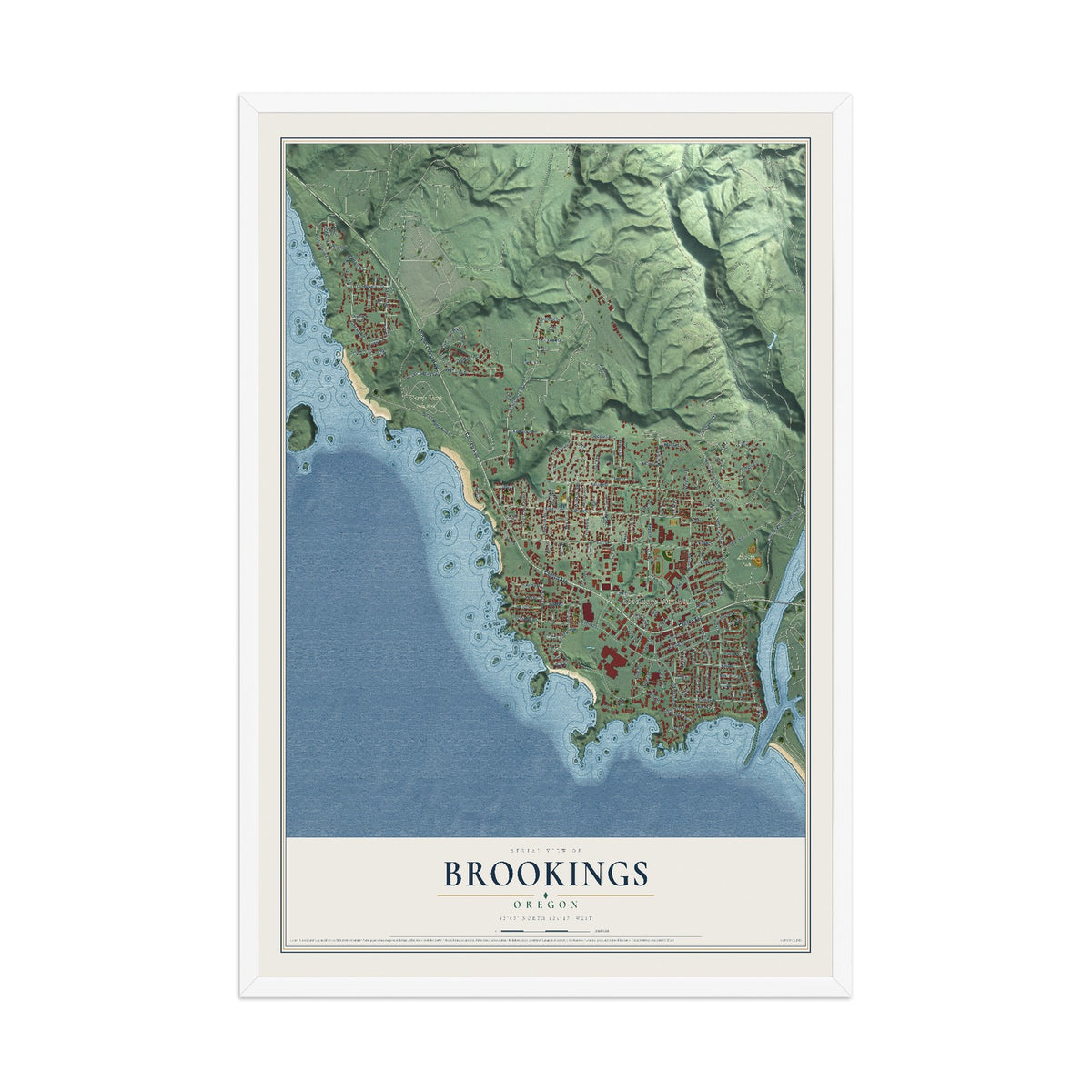 Map of Brookings, Oregon, 12 x 18 inch print in a white wood frame