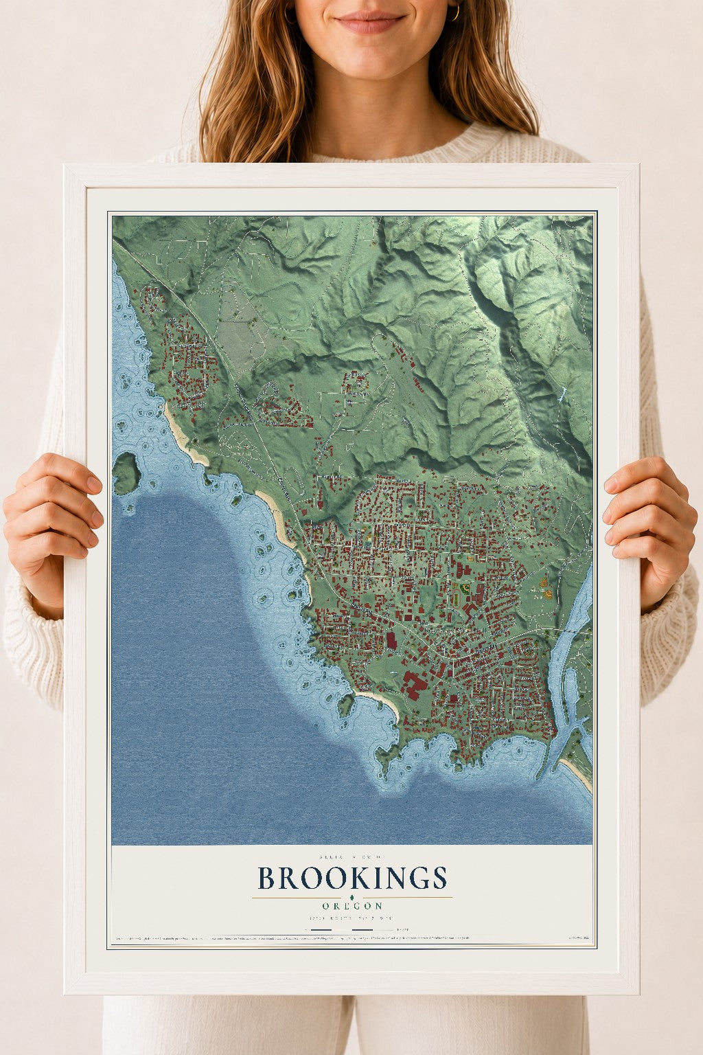 Map of Brookings, Oregon, 18 x 24 inch print in a white wood frame