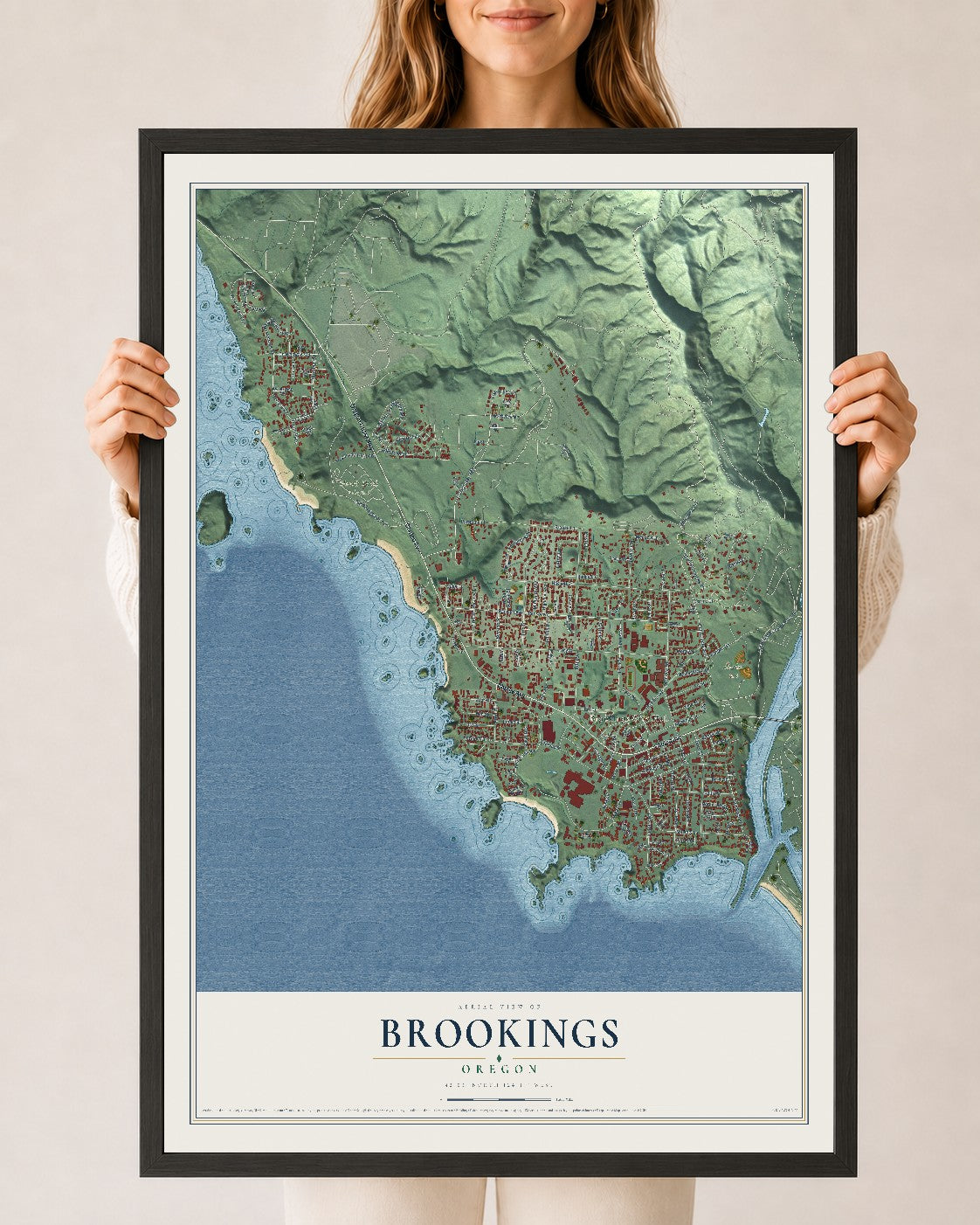Map of Brookings, Oregon, 24 x 36 inch print in a black wood frame