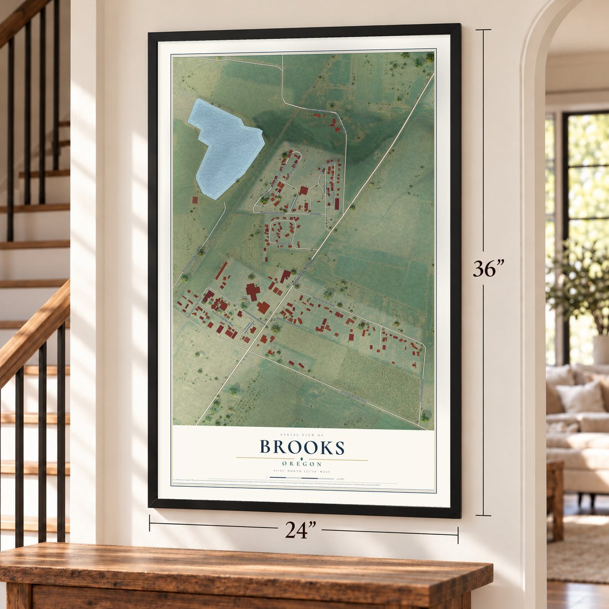 Brooks, Oregon map, 24 x 36 inch print in a black frame by a staircase