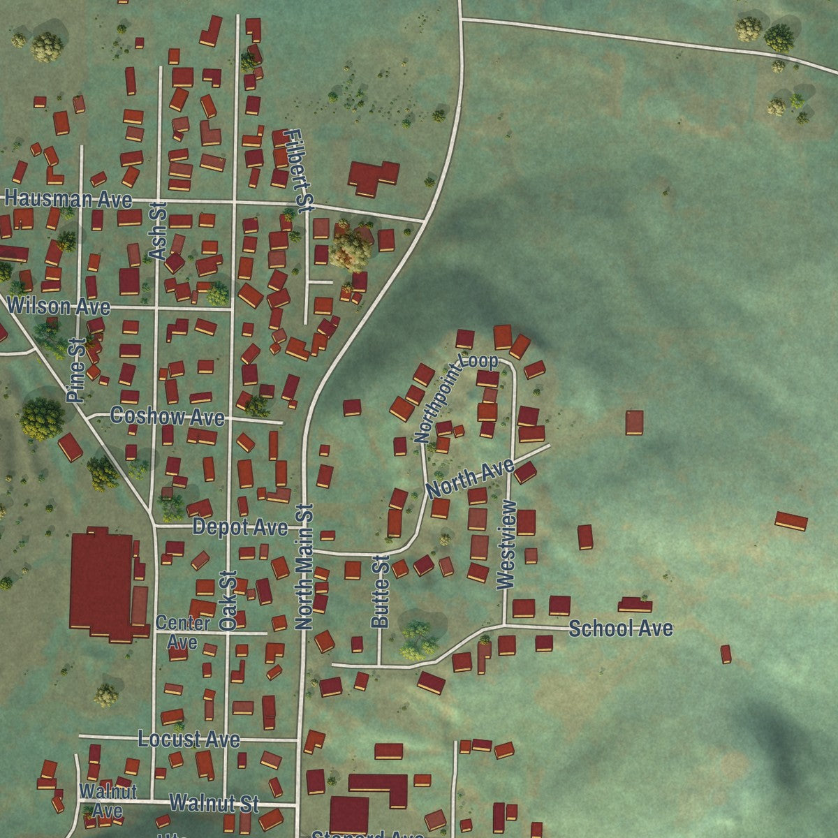 Close-up of the map of Brownsville, Oregon print showing street and building detail