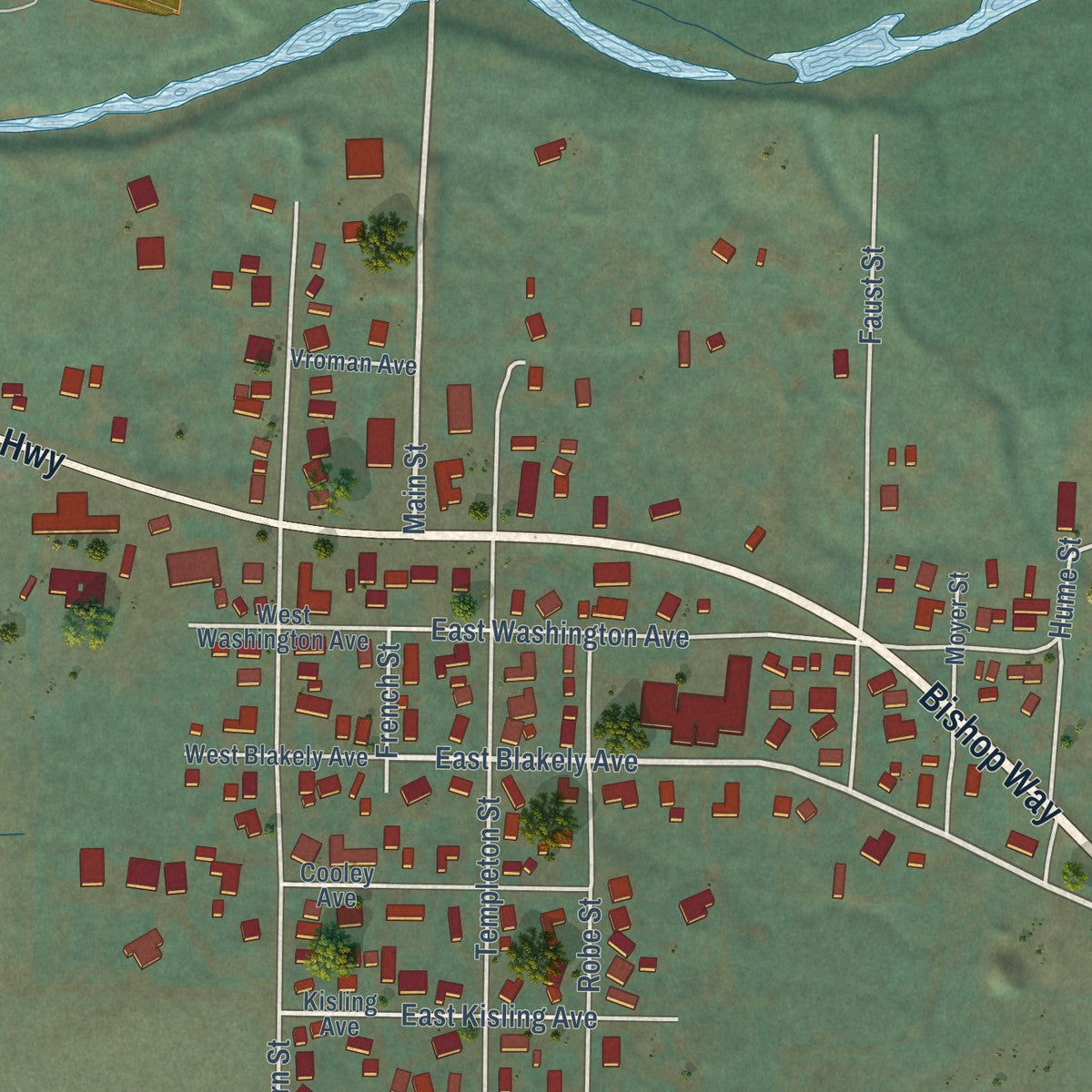 Second close-up of the map of Brownsville, Oregon print showing more streets and buildings