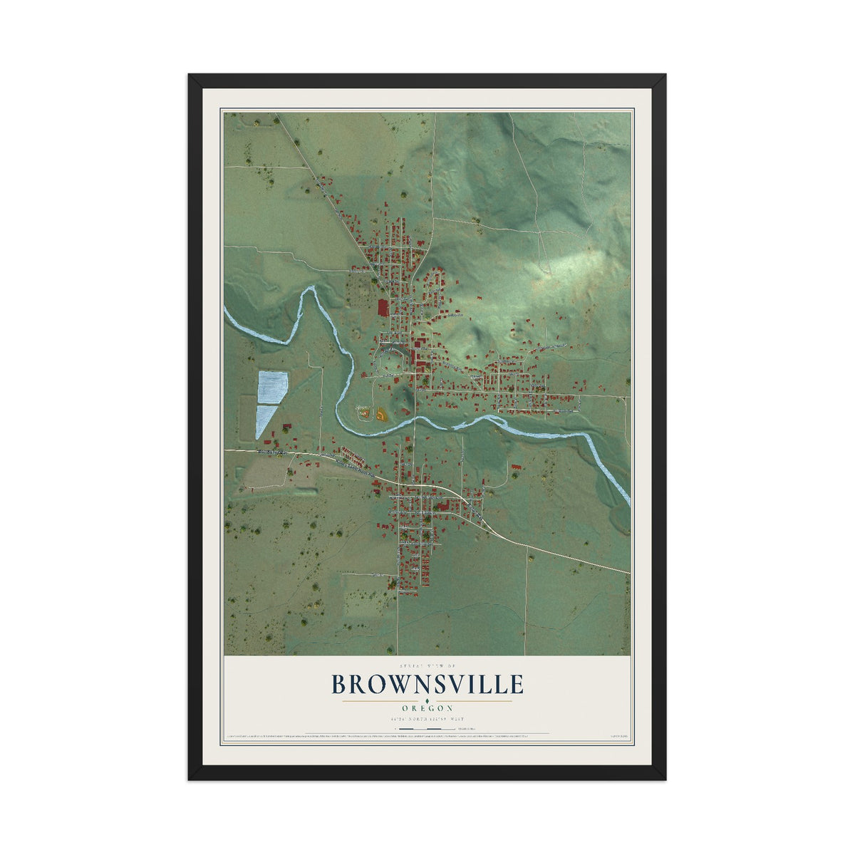 Map of Brownsville, Oregon, 12 x 18 inch print in a black wood frame