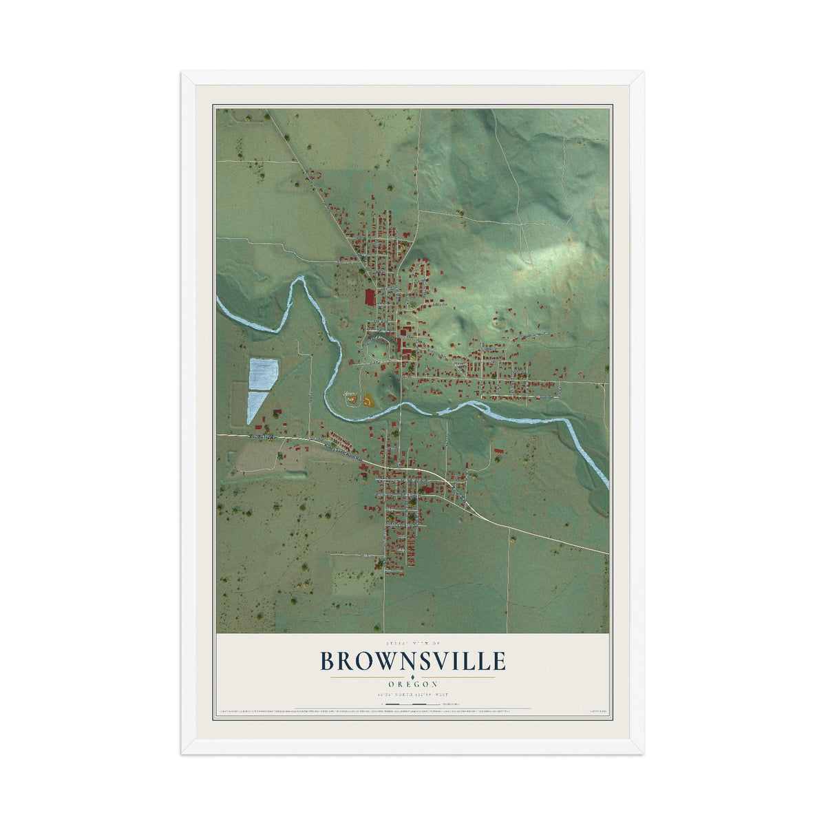 Map of Brownsville, Oregon, 12 x 18 inch print in a white wood frame