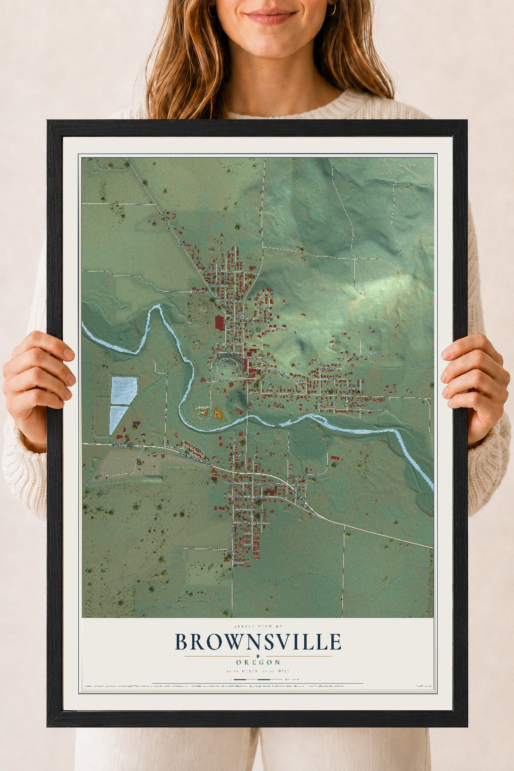 Map of Brownsville, Oregon, 18 x 24 inch print in a black wood frame