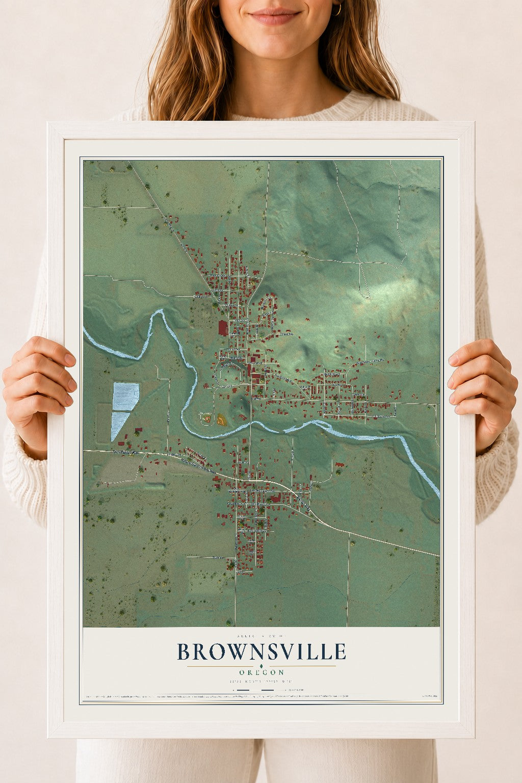 Map of Brownsville, Oregon, 18 x 24 inch print in a white wood frame