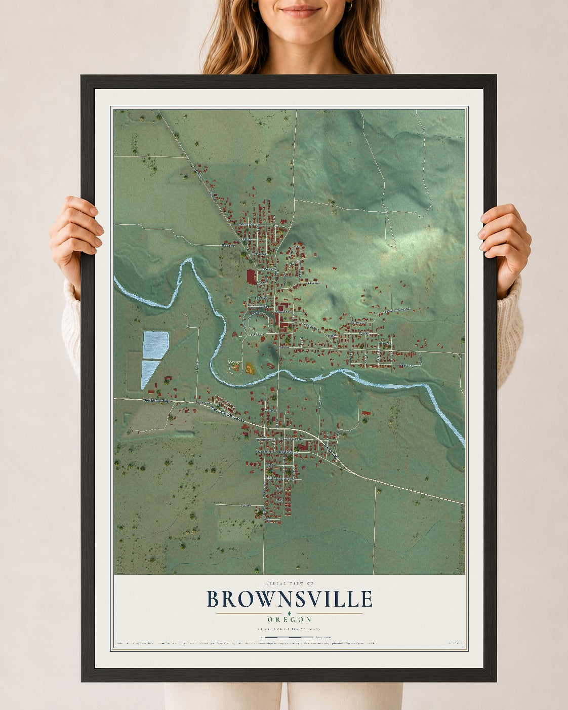 Map of Brownsville, Oregon, 24 x 36 inch print in a black wood frame