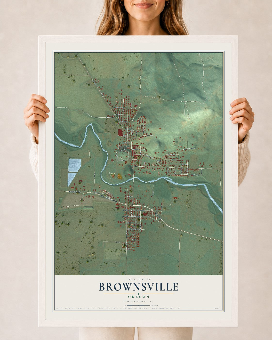 Map of Brownsville, Oregon, 24 x 36 inch print in a white wood frame