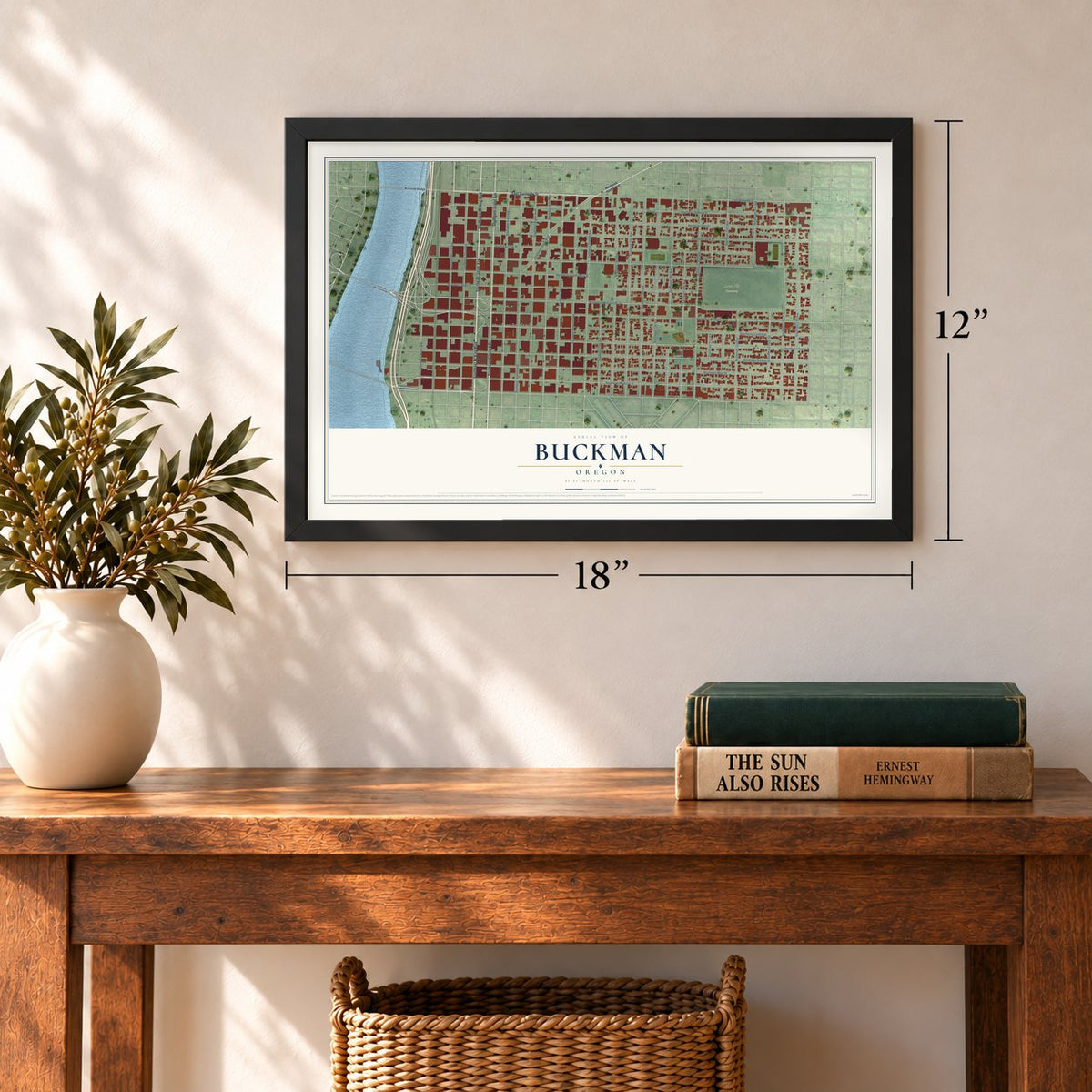 Buckman, Oregon map, 12 x 18 inch print in a black frame in an entryway