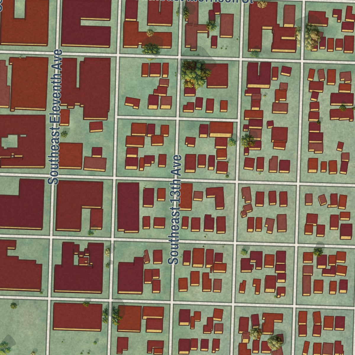 Close-up of the map of Buckman, Oregon print showing street and building detail