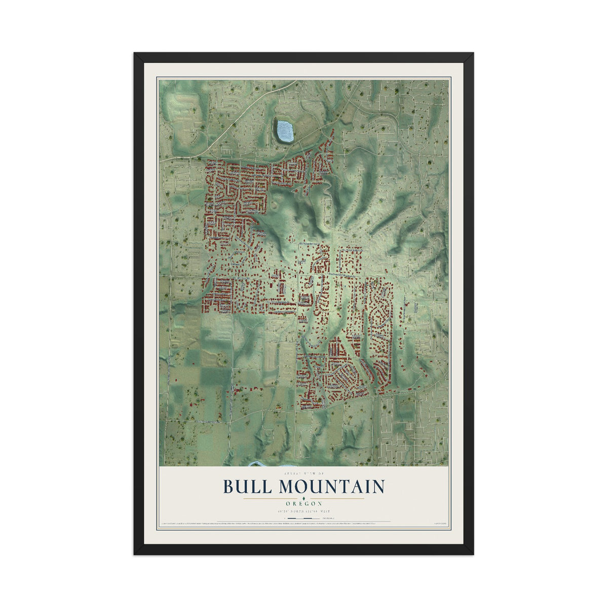 Map of Bull Mountain, Oregon, 12 x 18 inch print in a black wood frame