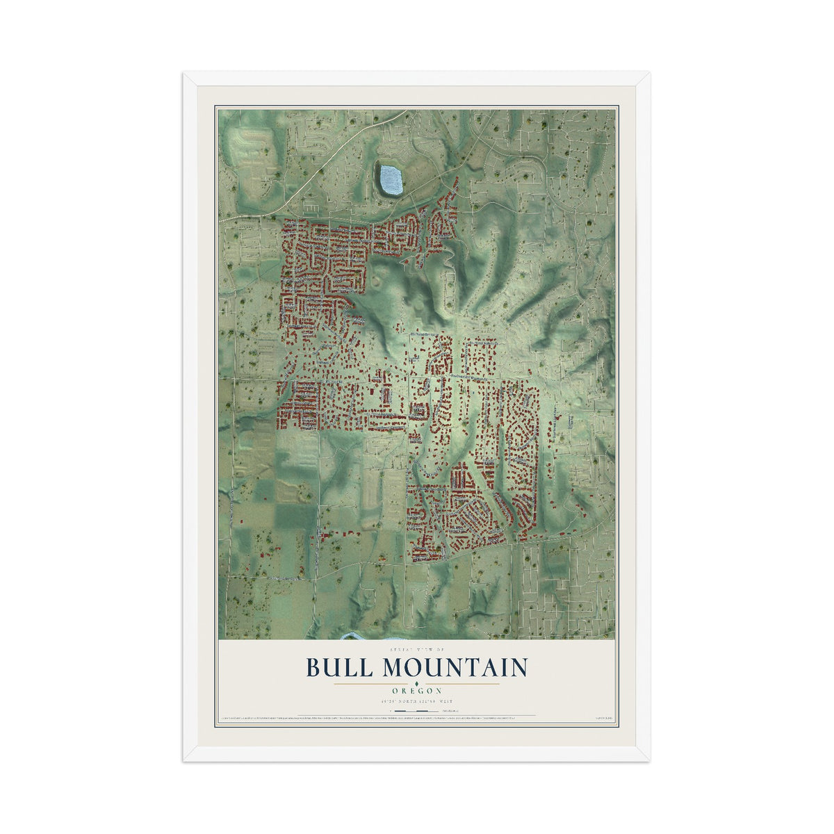Map of Bull Mountain, Oregon, 12 x 18 inch print in a white wood frame
