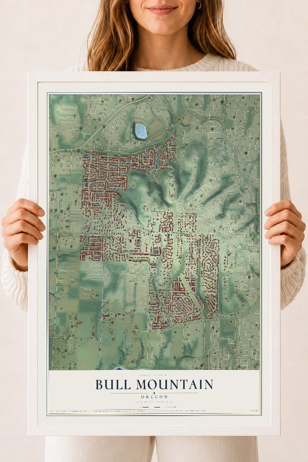 Map of Bull Mountain, Oregon, 18 x 24 inch print in a white wood frame