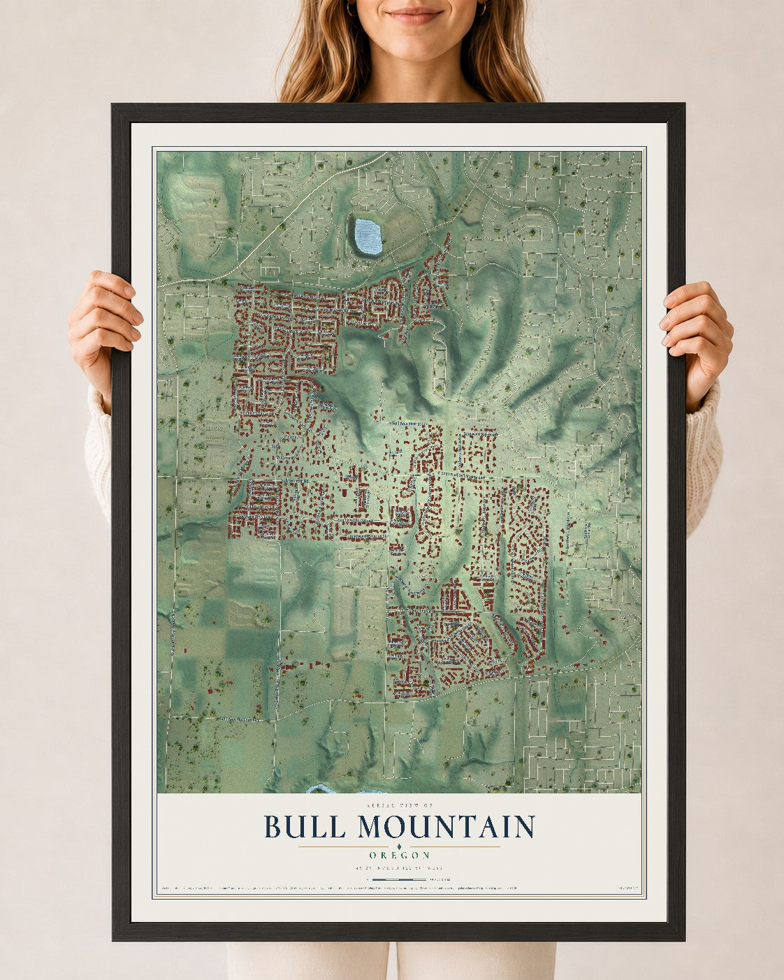 Map of Bull Mountain, Oregon, 24 x 36 inch print in a black wood frame