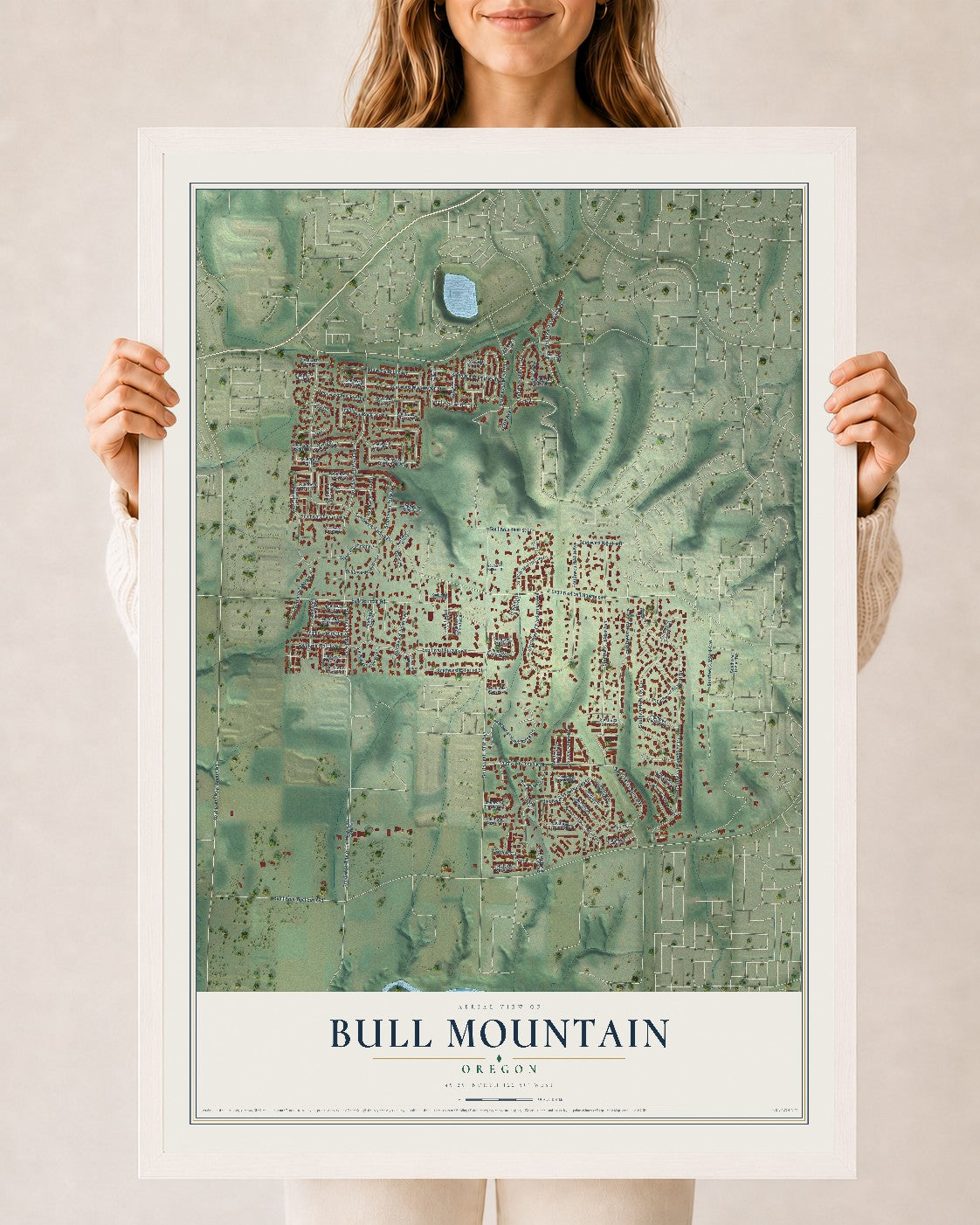 Map of Bull Mountain, Oregon, 24 x 36 inch print in a white wood frame