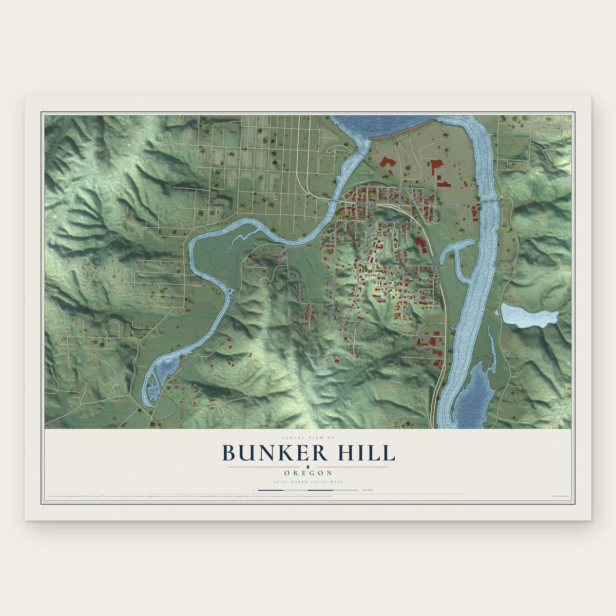 Bunker Hill, Oregon map print, the full design