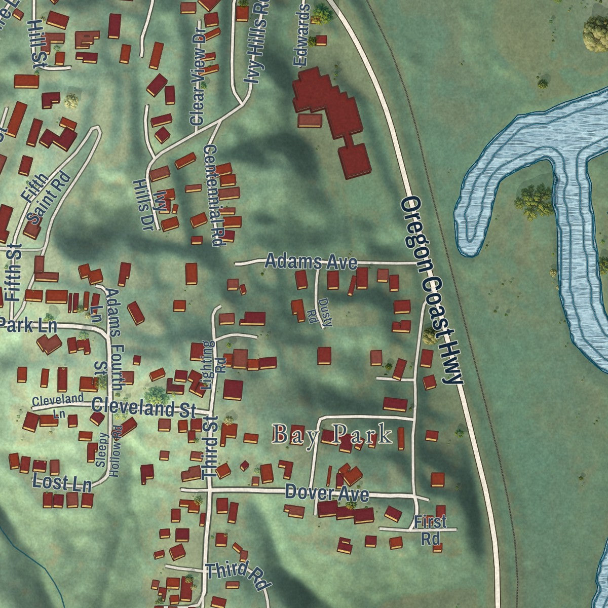 Close-up of the map of Bunker Hill, Oregon print showing street and building detail