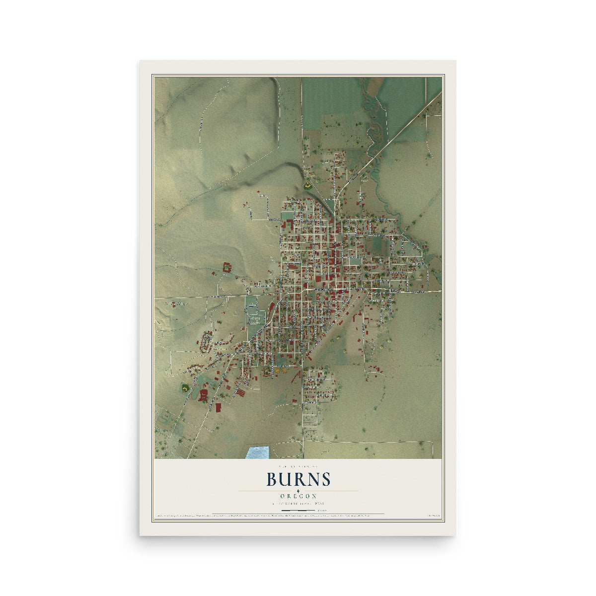 Map of Burns, Oregon, 12 x 18 inch unframed archival matte print