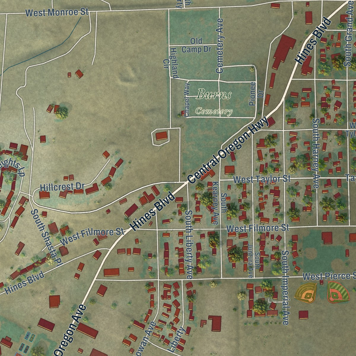 Second close-up of the map of Burns, Oregon print showing more streets and buildings
