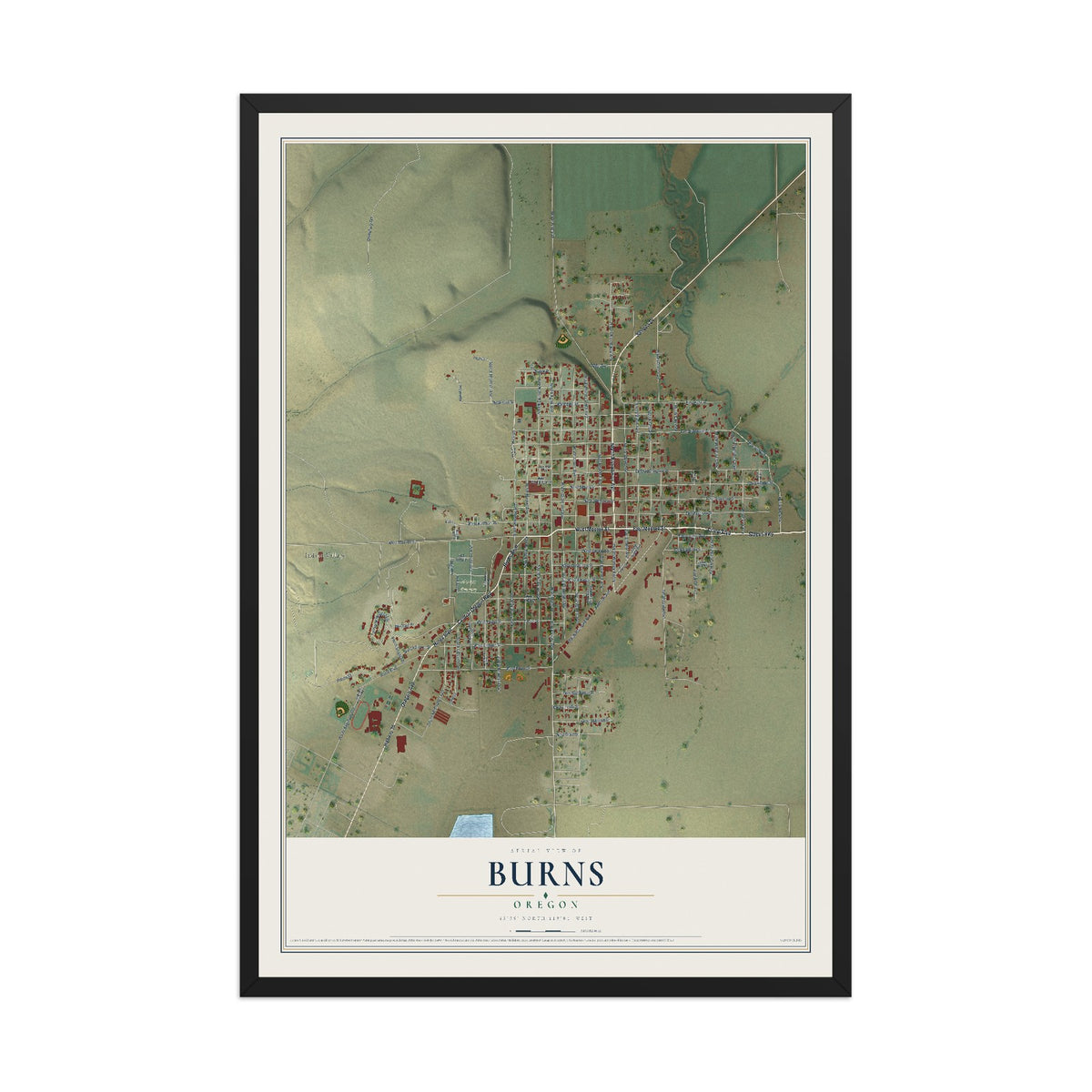 Map of Burns, Oregon, 12 x 18 inch print in a black wood frame