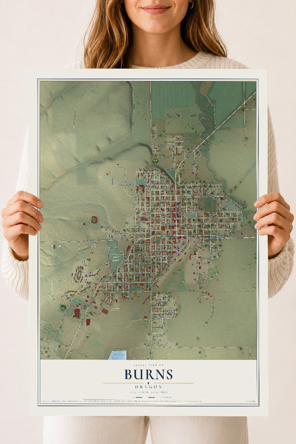 Map of Burns, Oregon, 18 x 24 inch unframed archival matte print