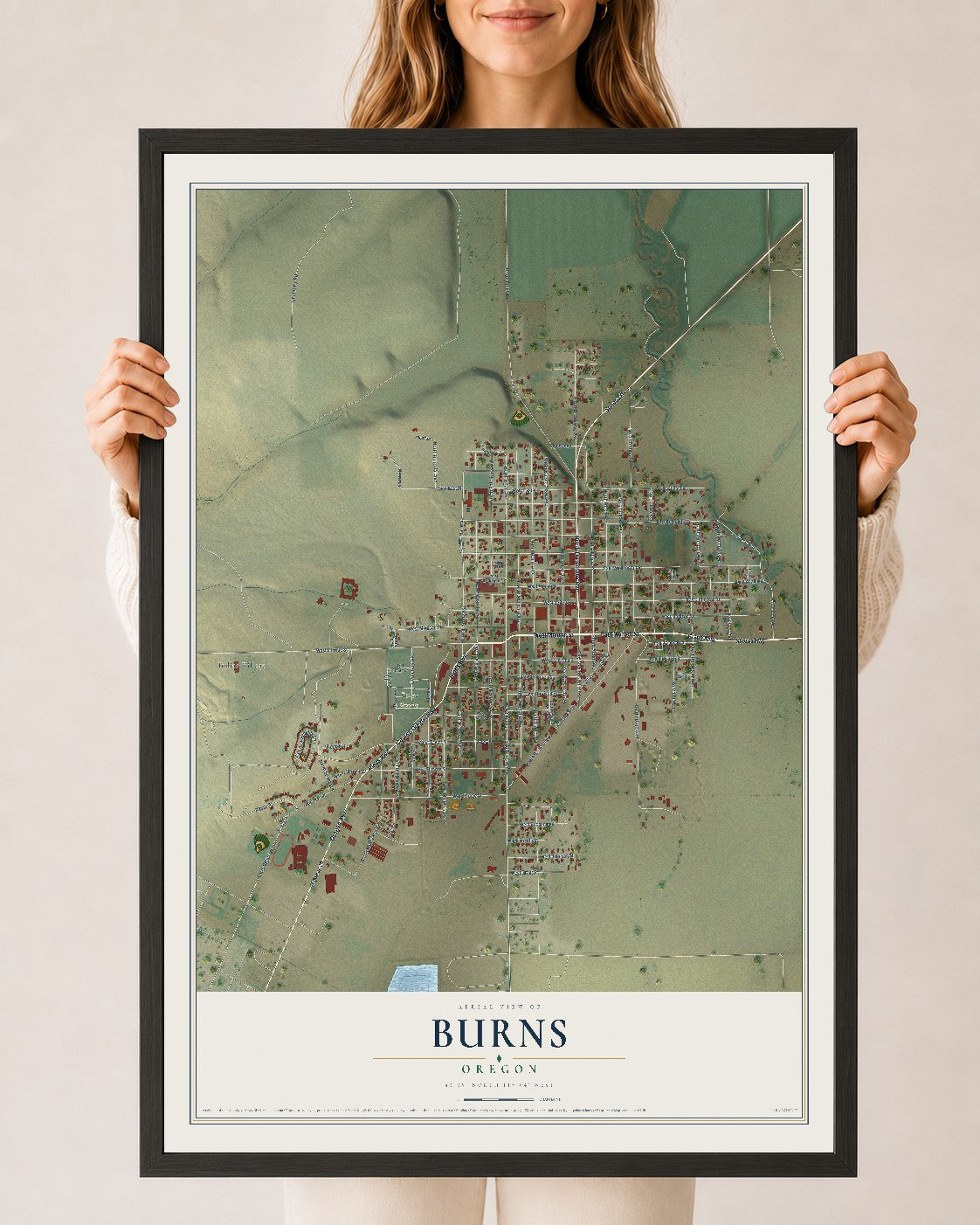 Map of Burns, Oregon, 24 x 36 inch print in a black wood frame