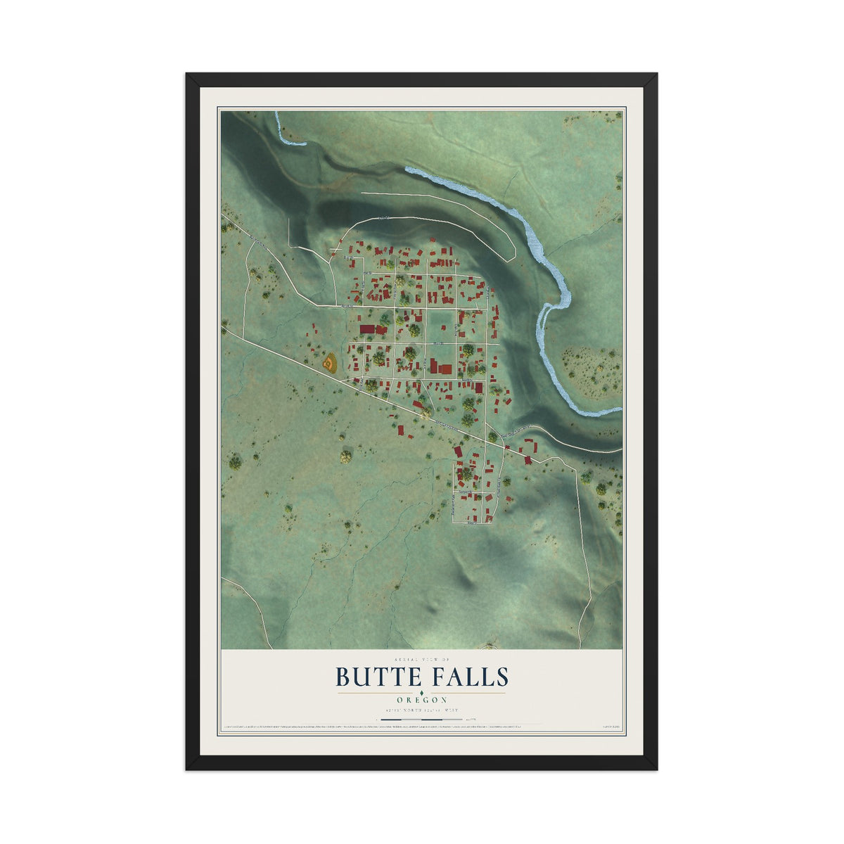 Map of Butte Falls, Oregon, 12 x 18 inch print in a black wood frame