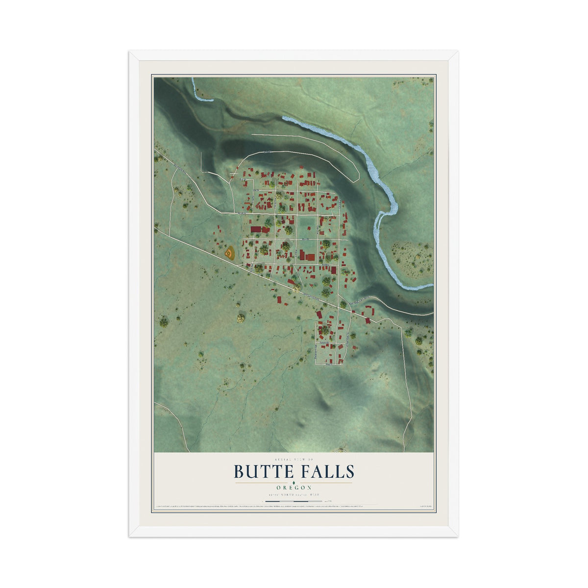 Map of Butte Falls, Oregon, 12 x 18 inch print in a white wood frame