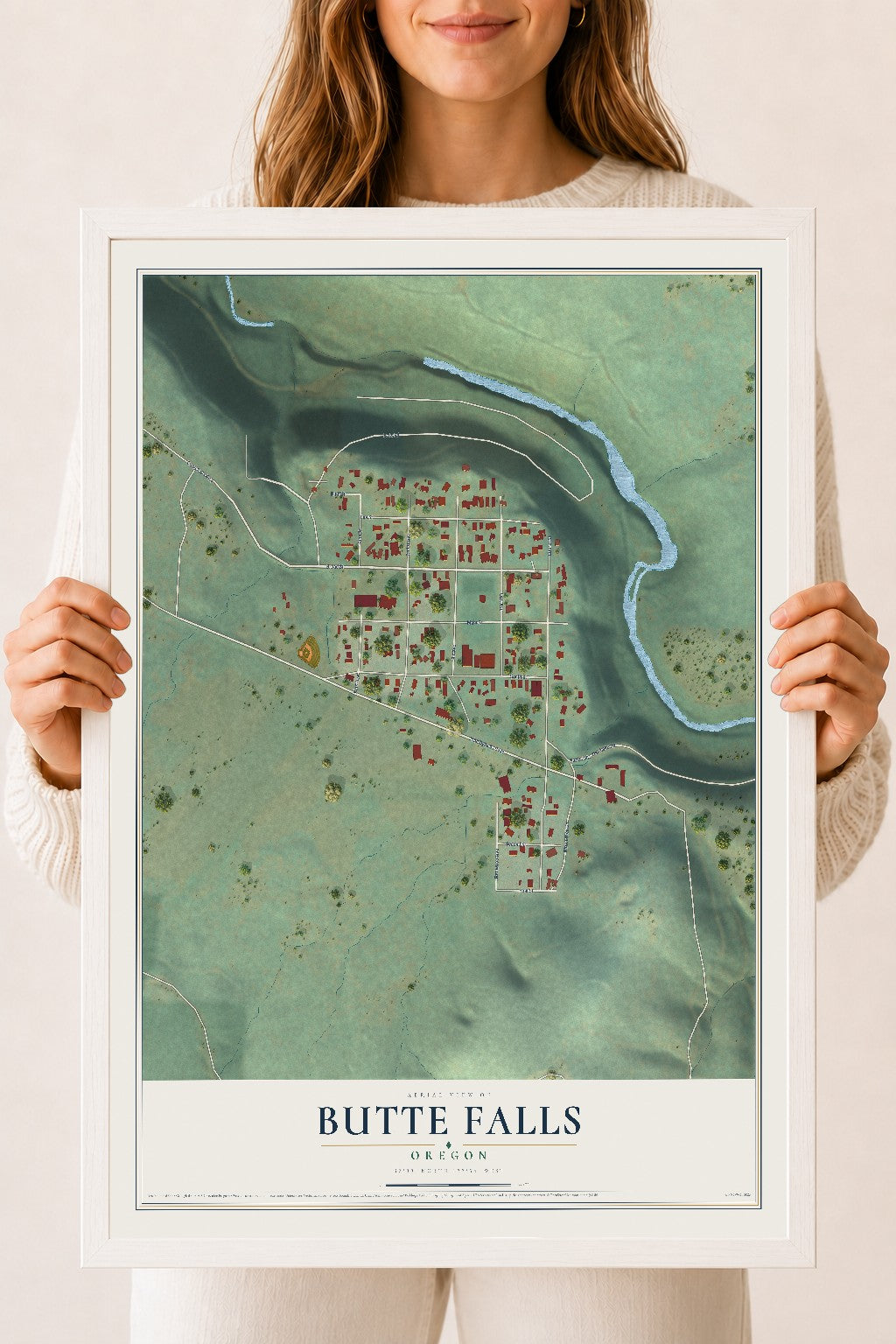 Map of Butte Falls, Oregon, 18 x 24 inch print in a white wood frame
