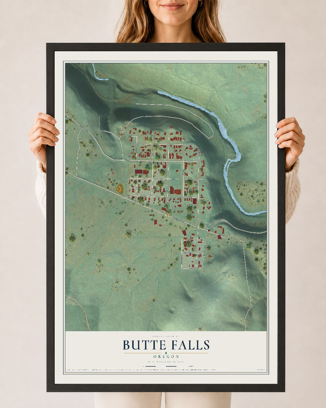 Map of Butte Falls, Oregon, 24 x 36 inch print in a black wood frame