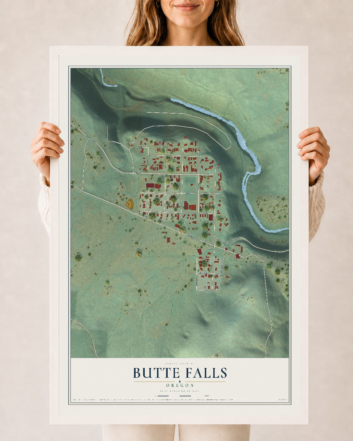 Map of Butte Falls, Oregon, 24 x 36 inch print in a white wood frame