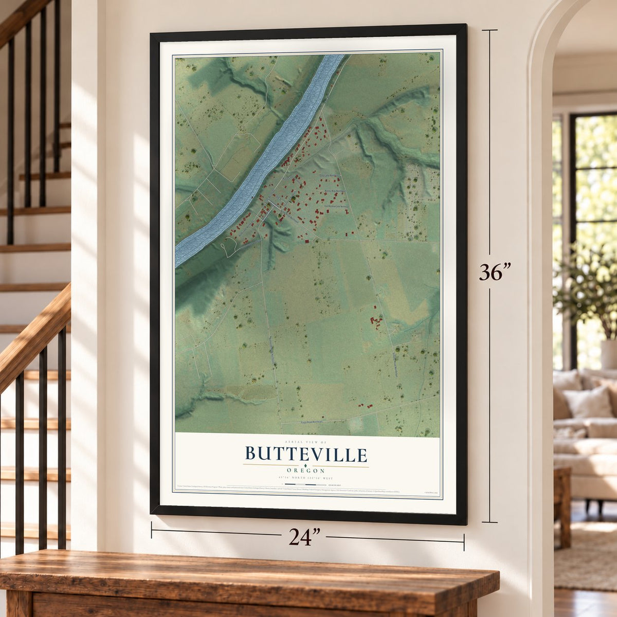 Butteville, Oregon map, 24 x 36 inch print in a black frame by a staircase