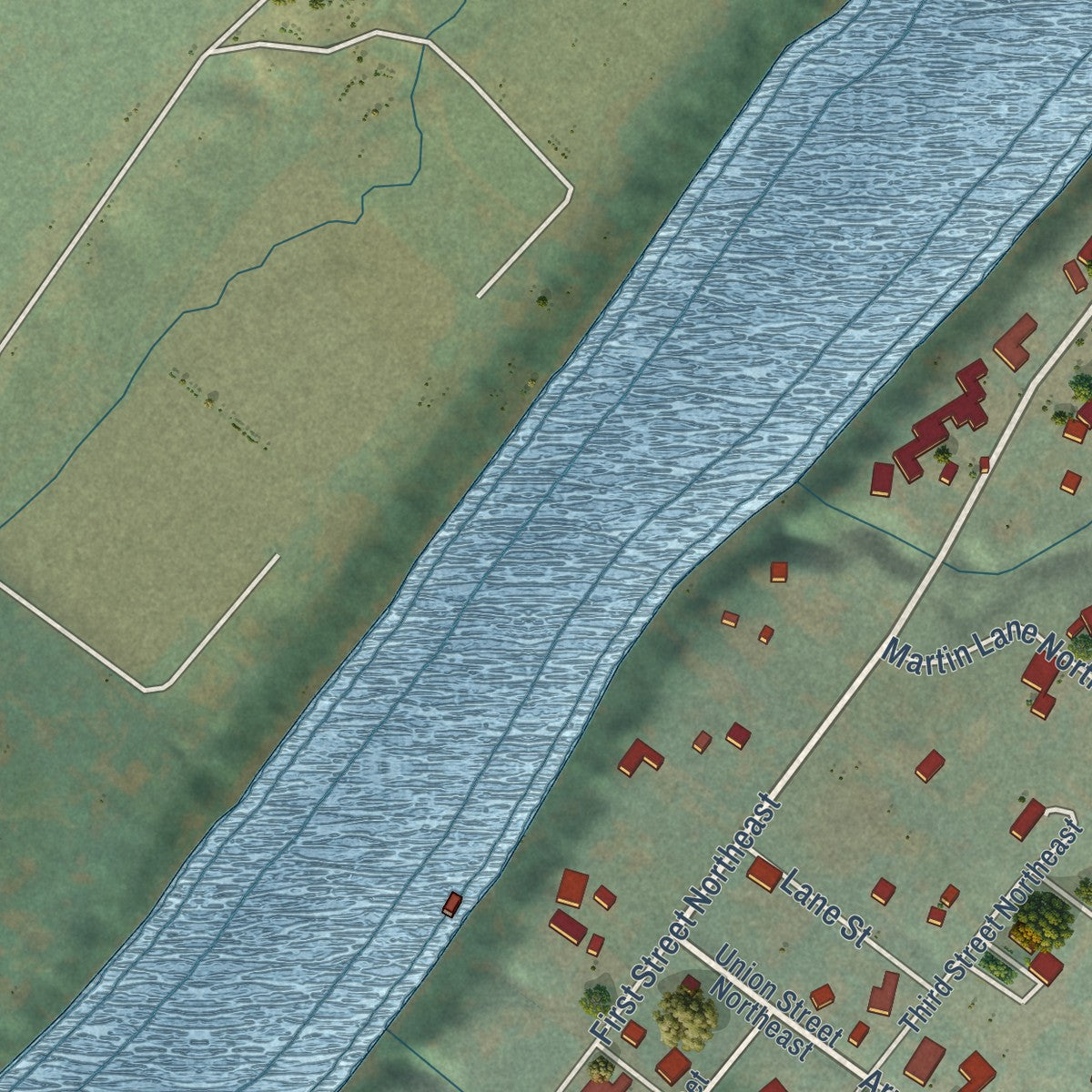 Close-up of the map of Butteville, Oregon print showing street and building detail