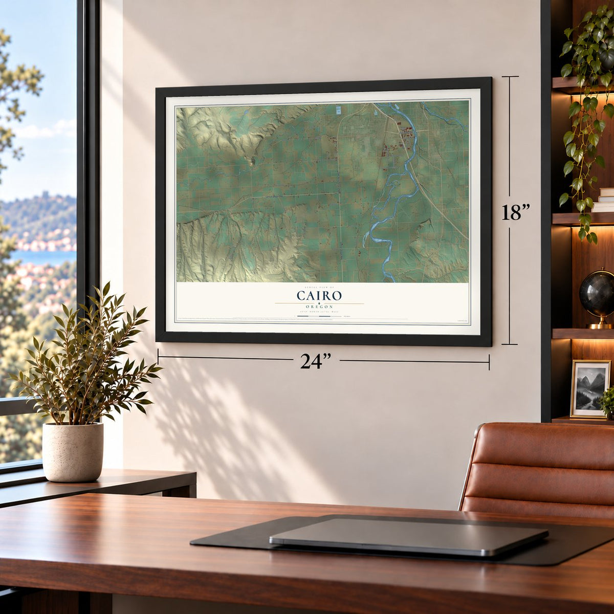 Cairo, Oregon map, 18 x 24 inch print in a black frame in a home office