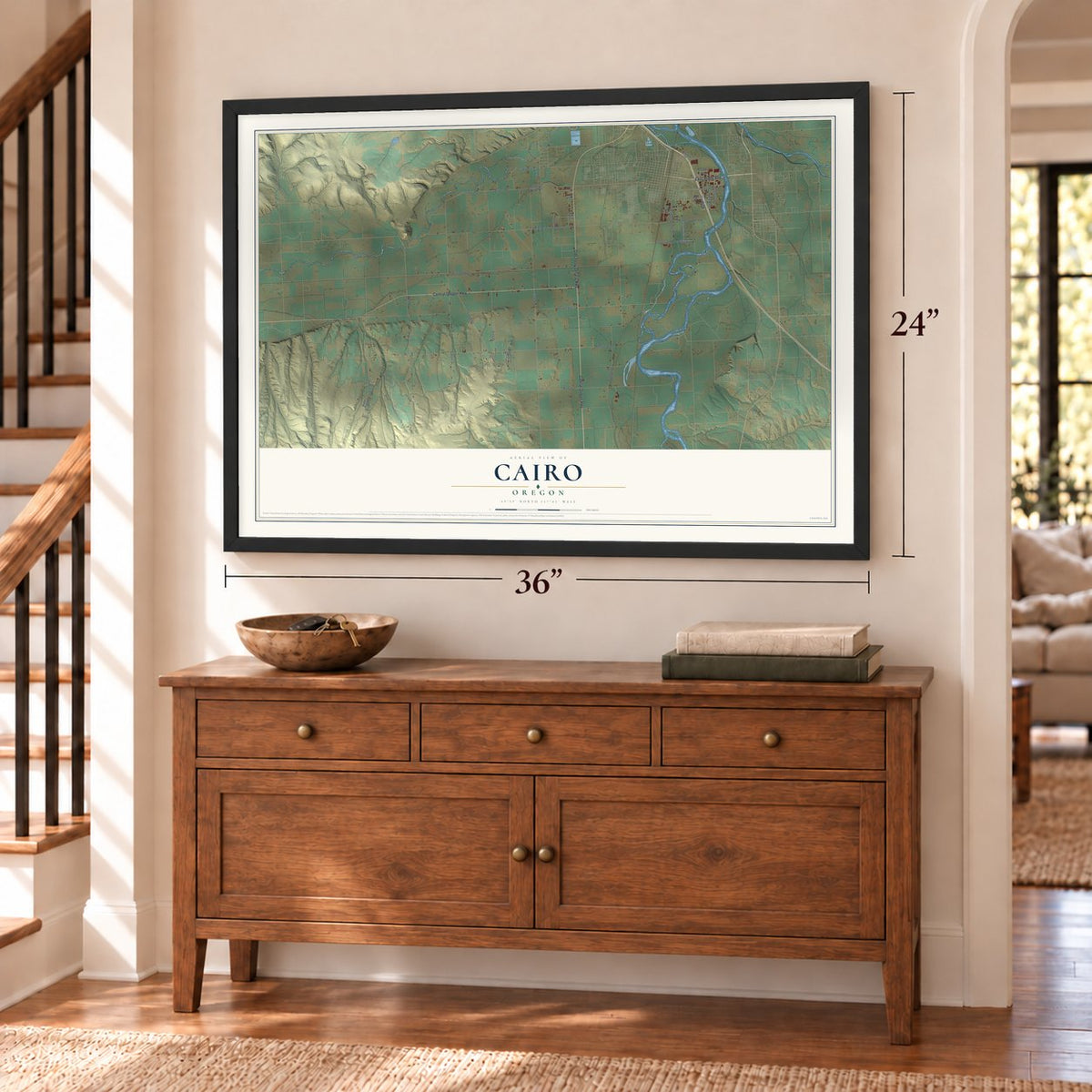 Cairo, Oregon map, 24 x 36 inch print in a black frame above a dresser by a staircase