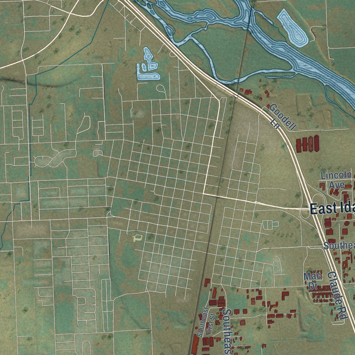 Close-up of the map of Cairo, Oregon print showing street and building detail